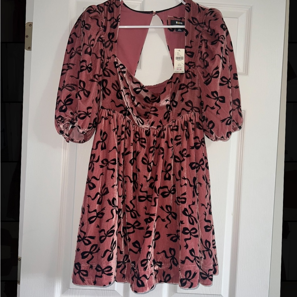 Maeve by Anthropologie Velvet Puff Sleeve Bow Dress